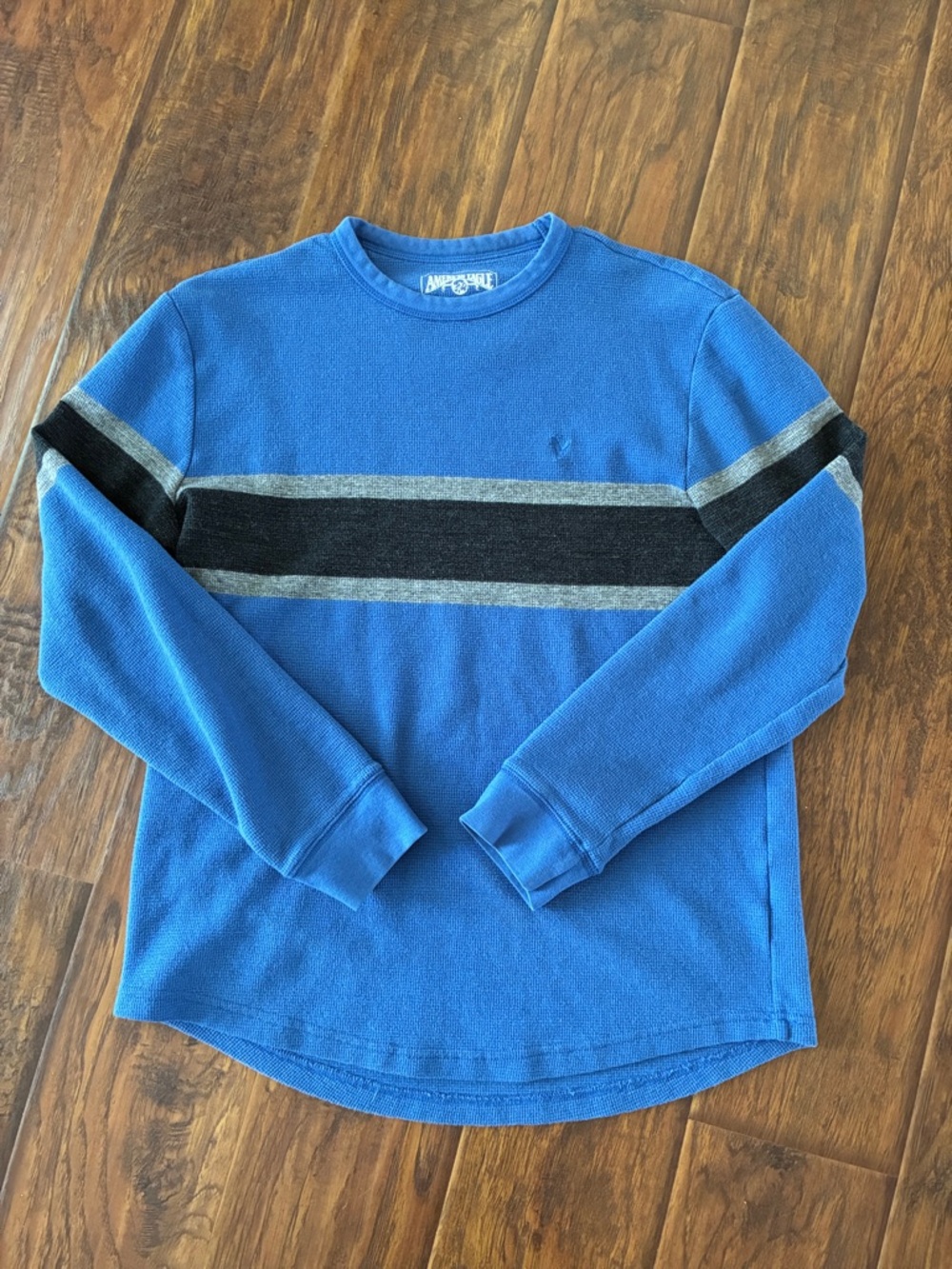 American Eagle Outfitters Blue Crewneck Sweater with Black and Gray Stripes
